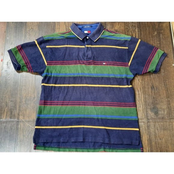 Vintage 90s Tommy Hilfiger Striped Polo Shirt Adult Large 100% Cotton Mens - Picture 1 of 8